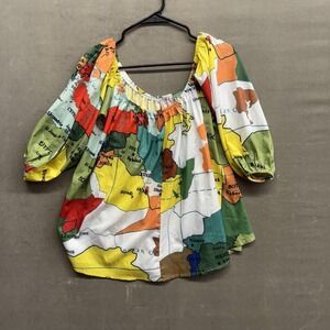 Map Print Peasant Blouse Womens Small Puff Sleeve World Travel Unique Top